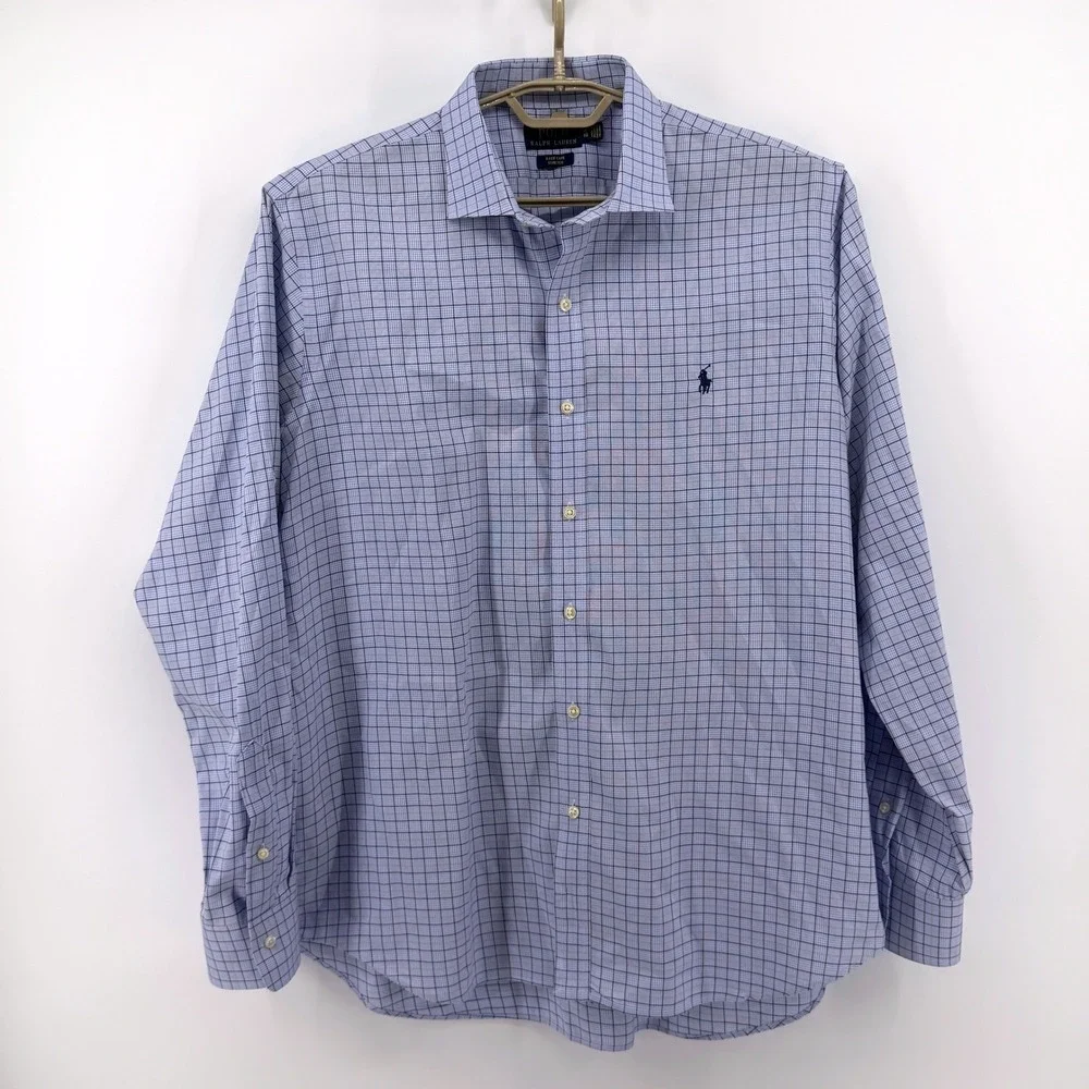 Polo Ralph Lauren Mens XL Blue Check Easy Care Stretch Button Down Dress Shirt